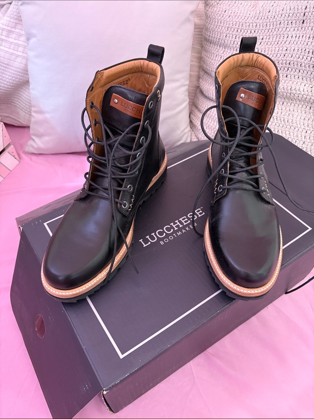 Lucchese Black Leather Lace-Up Boots with Tan Accents